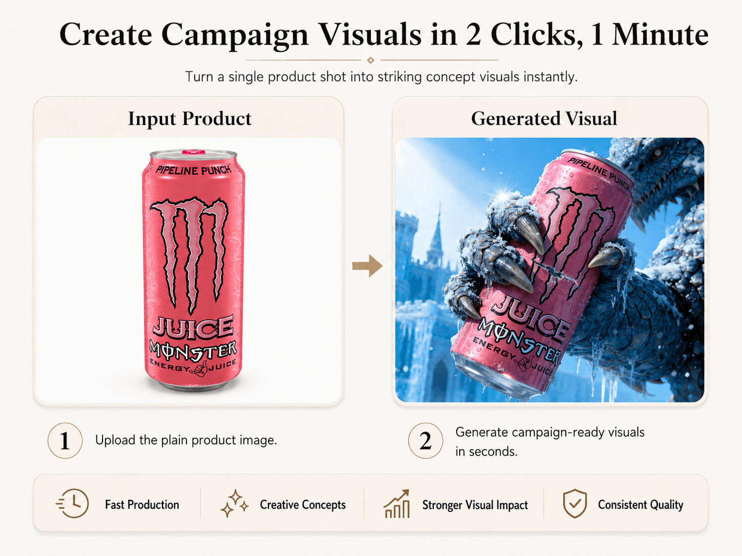 Monster energy drink product photo to scene and video conversion workflow