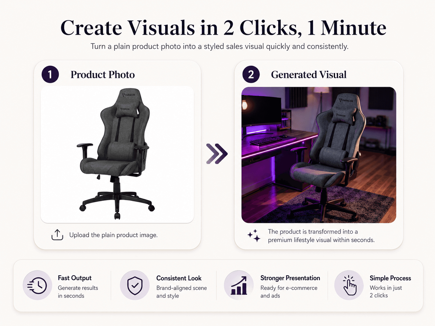 Gaming chair product photo to scene and video conversion workflow